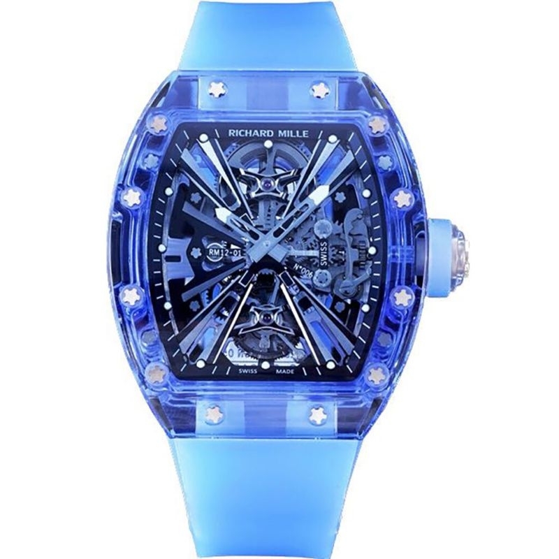 Jam tangan Automatic Swiss Tourbillon RM 12-01 Blue Sapphire Transparant Skeleton Rubber strap fulls