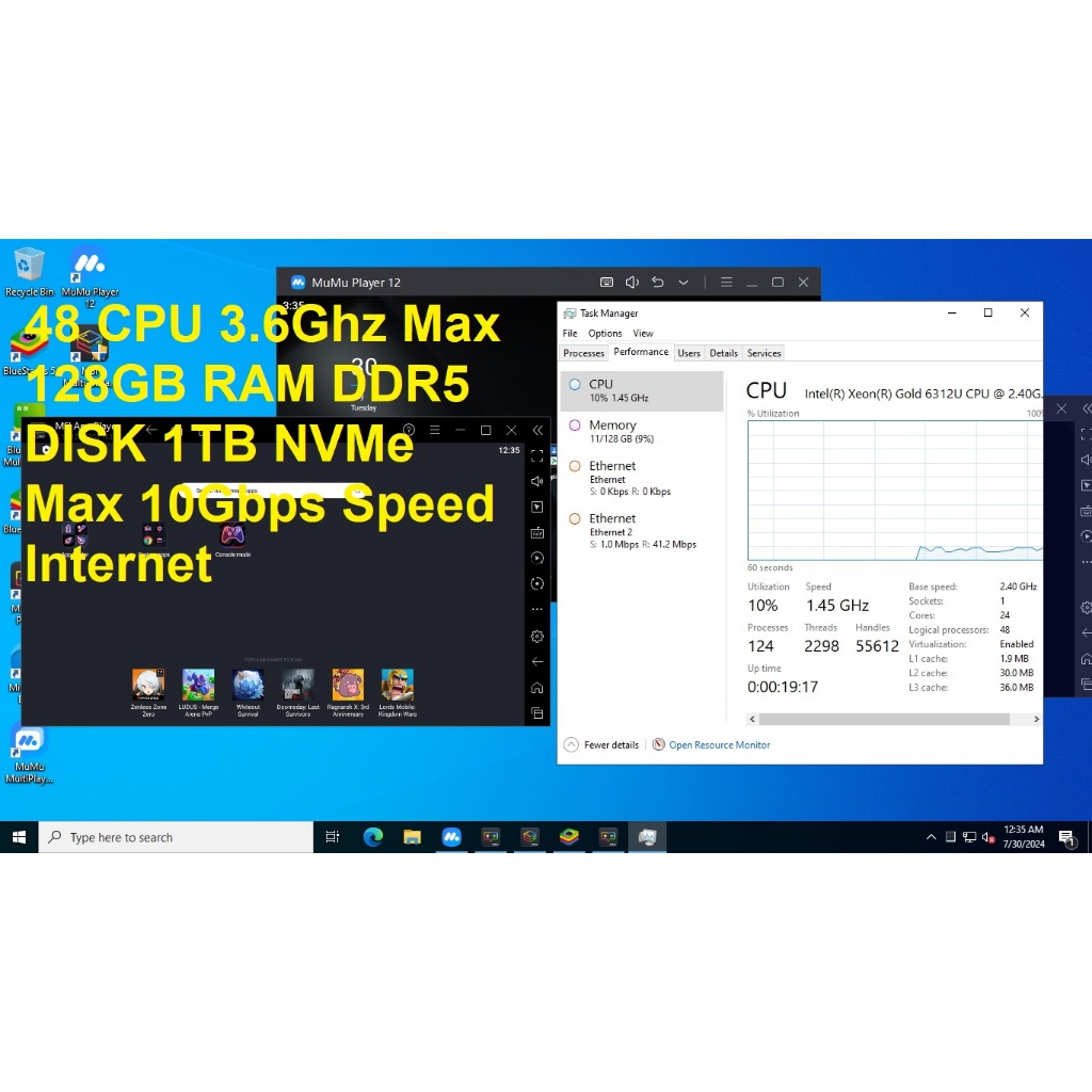 RDP/VPS 48 CPU  3.6Ghz Turbo Boost 128GB RAM BARE METAL RDP  Dedicated  Server ,Sup Emulator,Bot,OBS