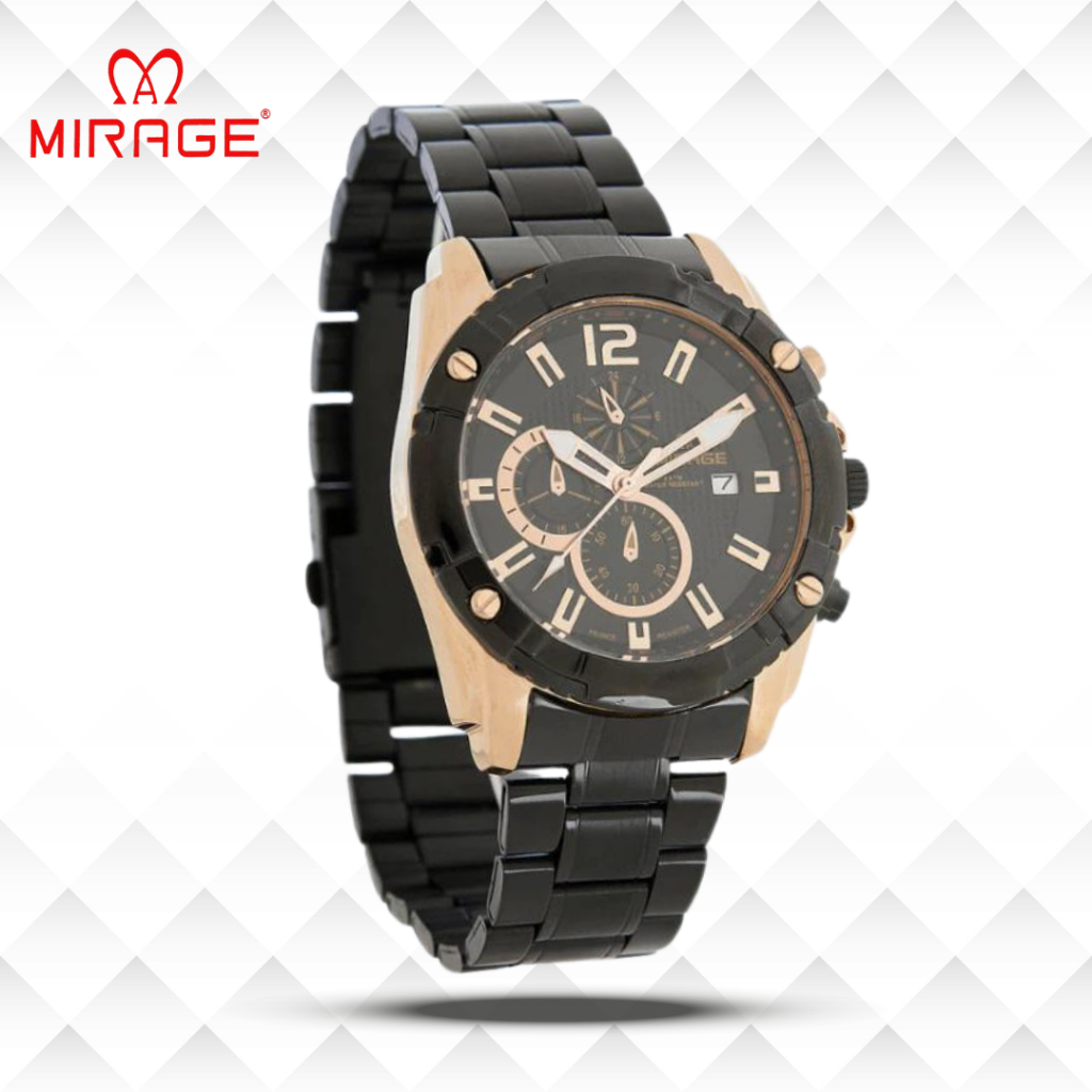 Mirage Jam Tangan Pria Analog 8714 M Black Rose Gold Original Stainless