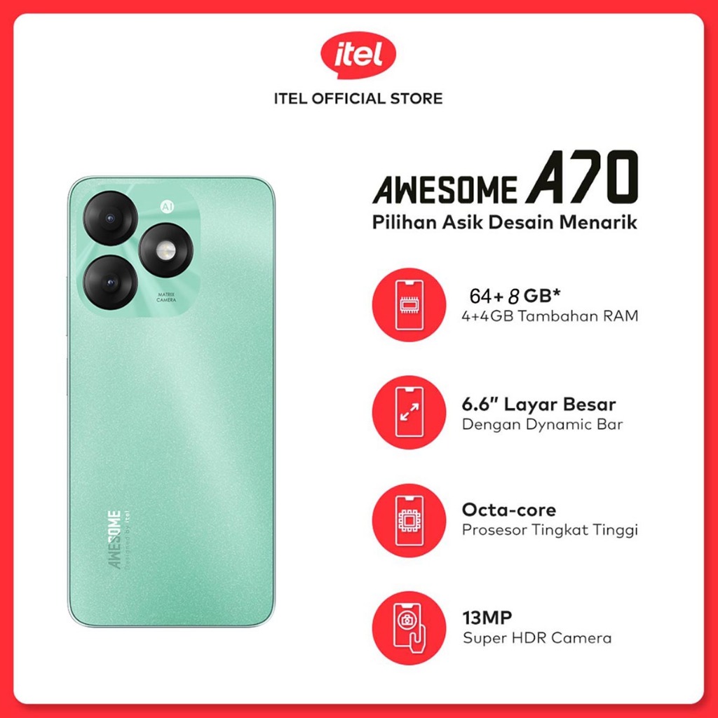 Itel A70 4+64GB / 128GB - 13MP Super HDR Camera - Big Screen with Dynamic Bar - 5000mAh Big Battery