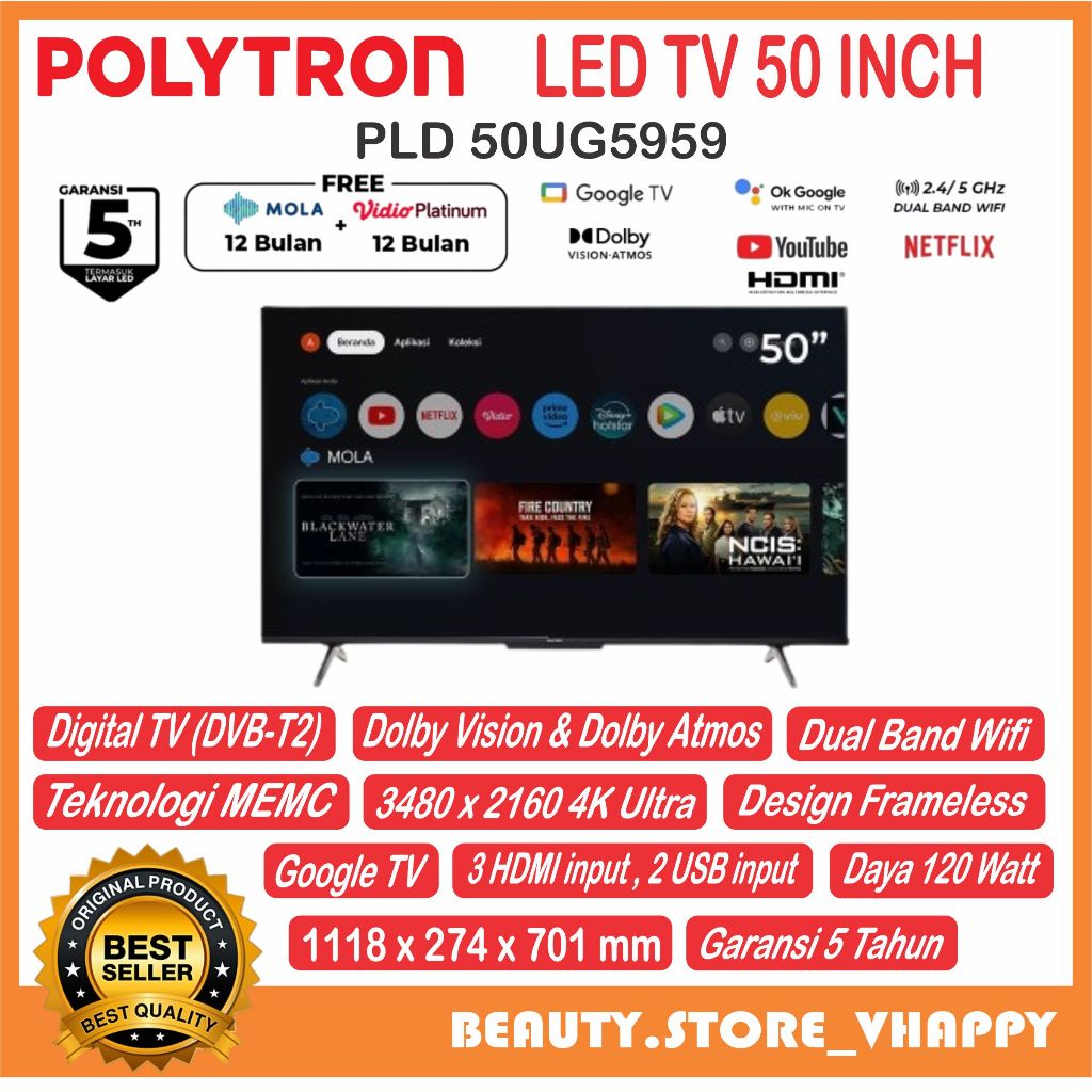 TV LED POLYTRON 4K UHD Smart Google TV 50 inch PLD 50UG5959