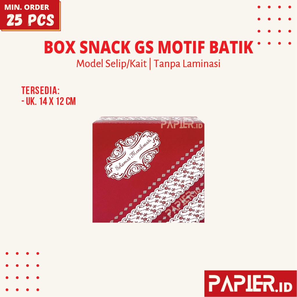 

Box Snack GS Motif Batik uk. 14x12 cm Tanpa Laminasi Tebal Standar / Dus Snack Kotak Makanan 12x14