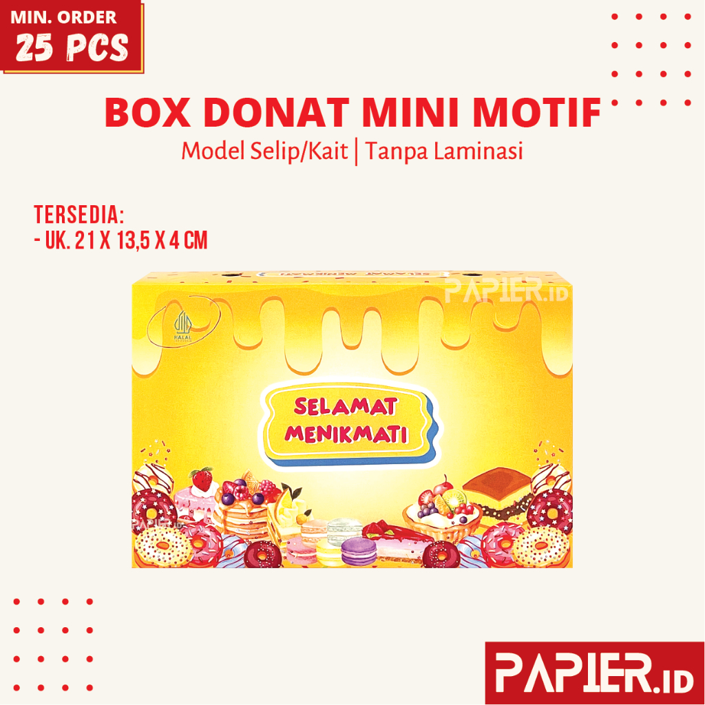 

Box Donat Mini Motif uk. 21x13,5x4 cm Tebal 350gr Tanpa Laminasi / Dus Makanan Kotak Snack Kardus Kue
