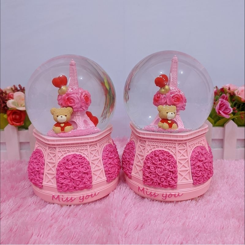 Fitur Lengkap / Snowball / Pajangan Bola Kaca Musik Box Bear Eiffel XL100+ Lampu Salju Otomatis Berp