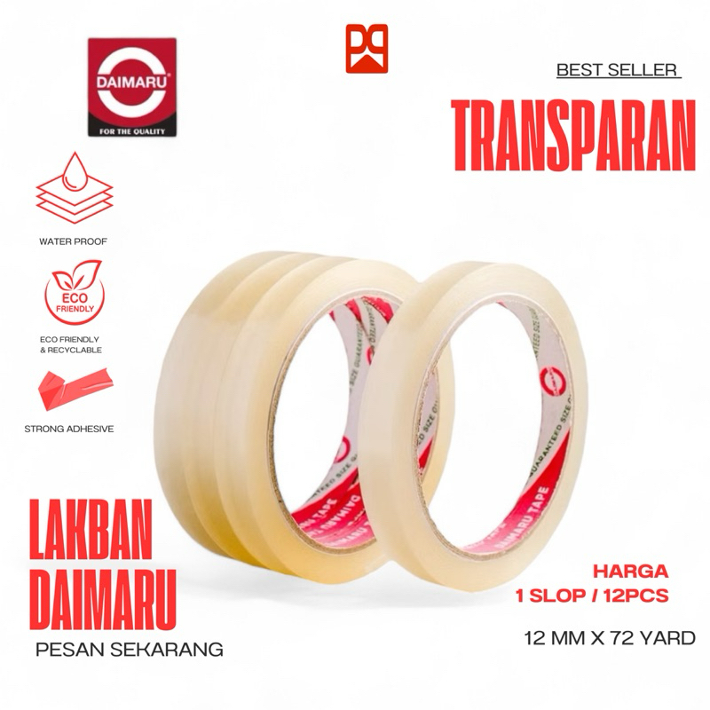 

Lakban Daimaru Kecil Bening Transparan 12mm x 72 Yard | Isi 12 Pcs