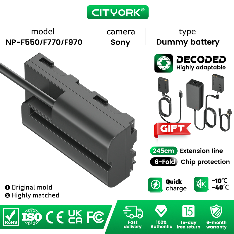 Cityork NP-F550 Dummy Battery With Type-C Fast Charge PD Cable AC UK Adapter Replace F750 F770 F960 