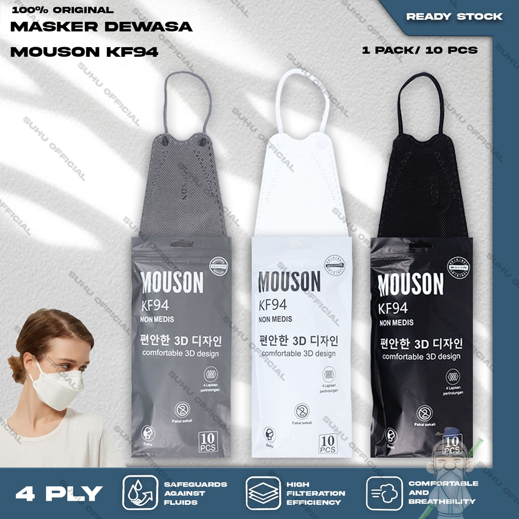 SUHU Masker KF94 MOUSON 4Ply isi 10Pcs Putih Hitam Abu KF 94 4 Ply Earloop Surgical Mask Kemenkes
