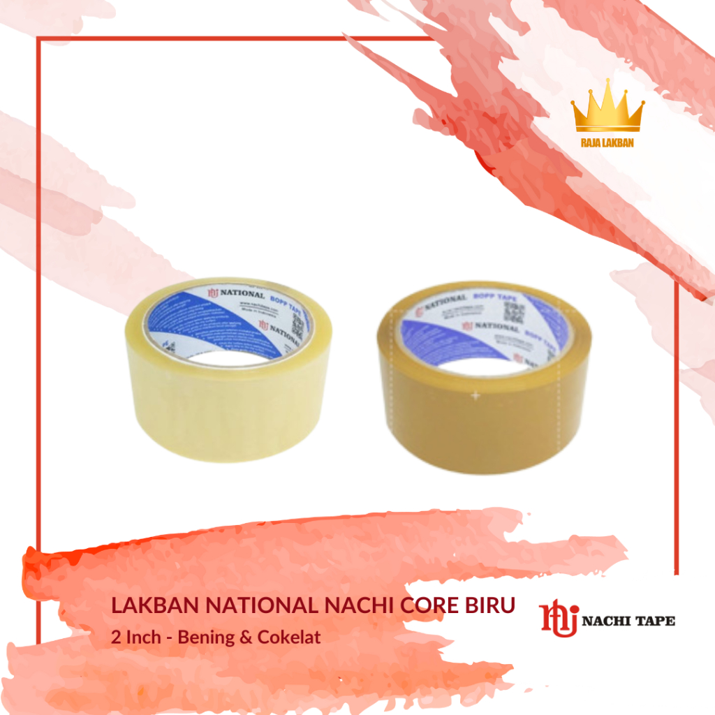 

Lakban Plakban Nachi OPP National Core Biru Nasional - 48 mm x 80 Yard -Bening & Cokelat