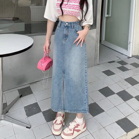 A-Line Rok Jeans Wanita Highwaist Rok denim kasual belahan depan ala Korea