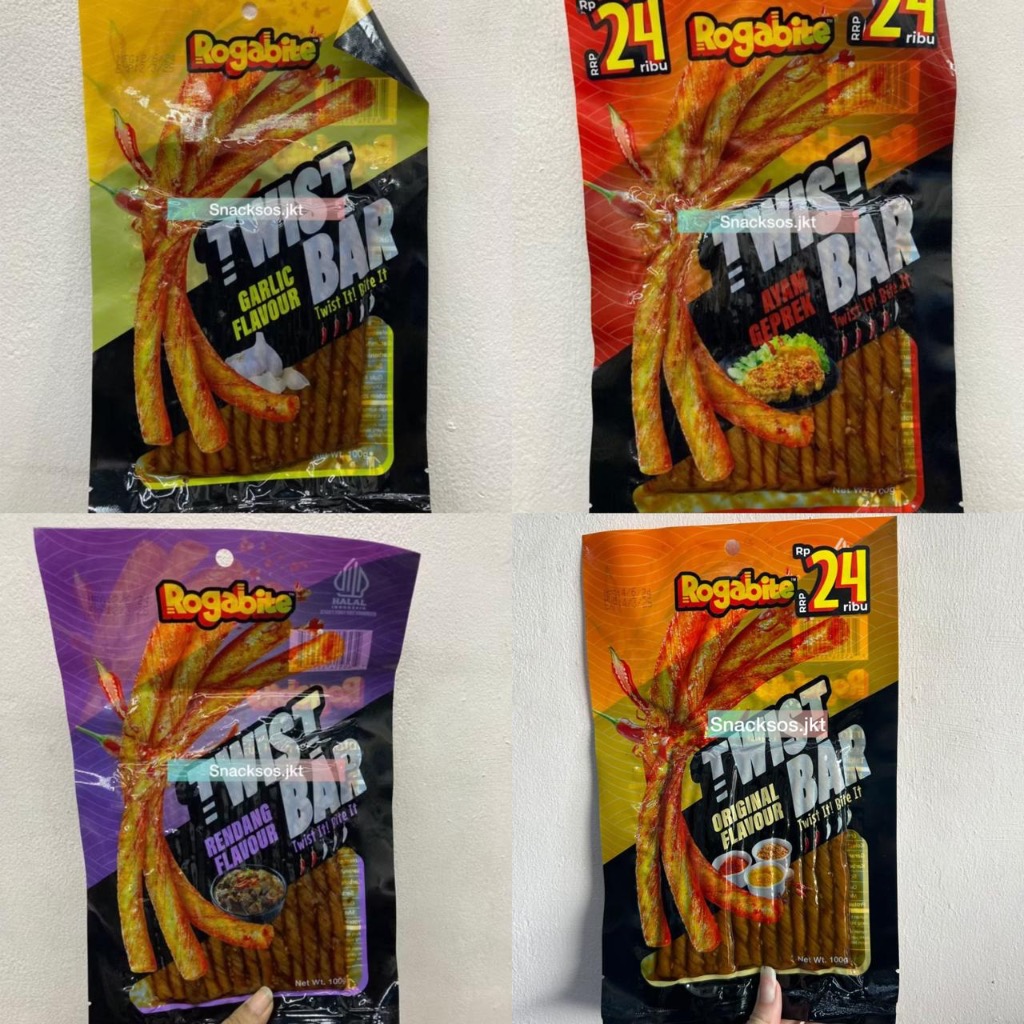 

ROGABITE LATIAO LA TIAO TWIST BAR RENDANG / GARLIC / AYAM GEPREK / ORIGINAL SNACK CAMILAN SPICY MALA