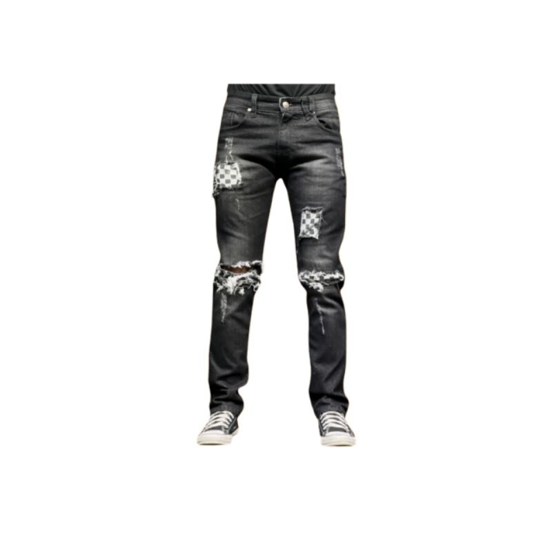Terlaris Celana Jeans Sobek Extrme Motif Catur Original - Celana Jeans Slim Fit Ripped - Skinny Jean