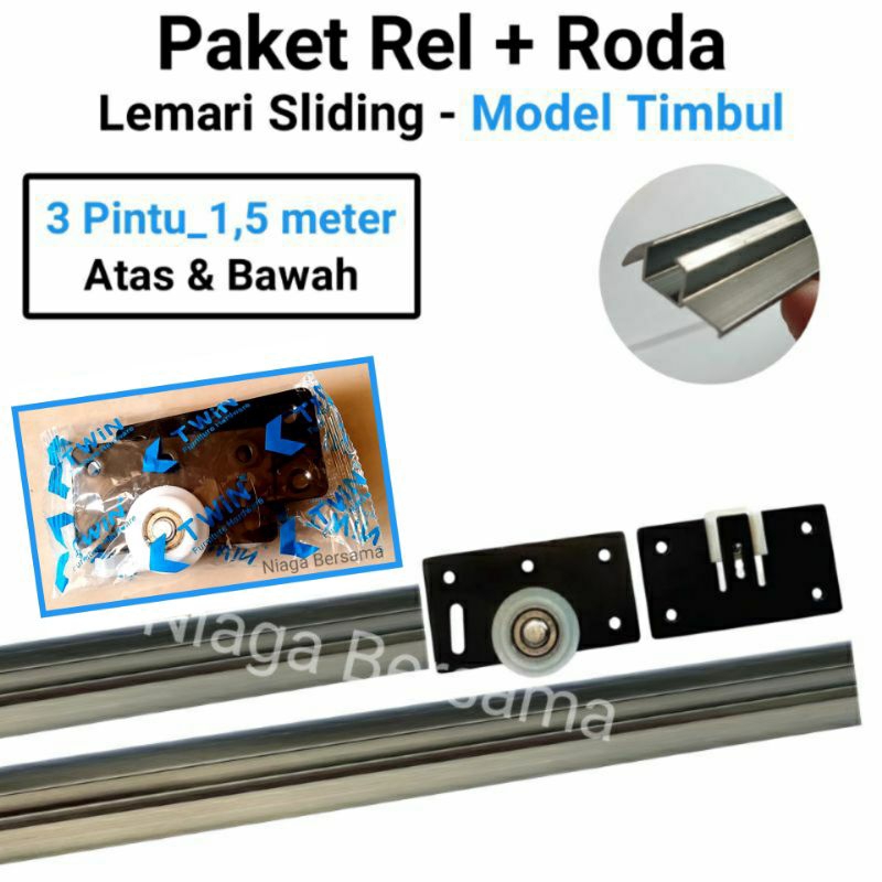 Rel Sliding Lemari 3 pintu 1,5 Meter Model Timbul Plus Roda Geser SD 380 Lengkap