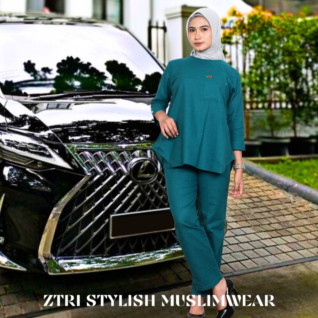 🆉🆃🆁🅸 - One set wanita muslimah motif polos bahan katun rami premium baju setelan wanita terbaru