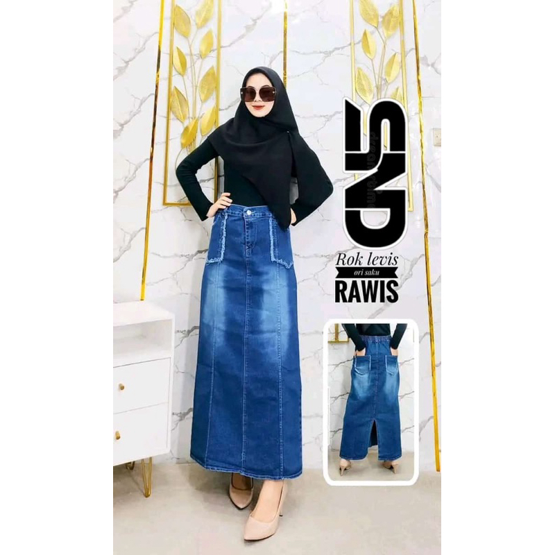 ROK JEANS SAKU DEPAN RAWIS ROK JEANS BELAH BELAKANG WANITA PREMIUM