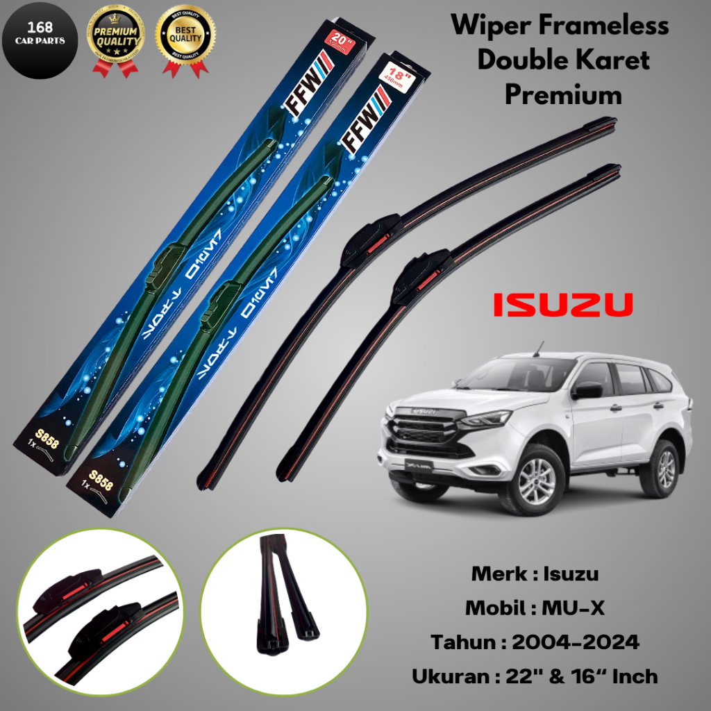 Wiper Frameless ProShield Premium Double Karet untuk Isuzu MU-X (2004-2024) - Ukuran 22 & 16 Inch - 