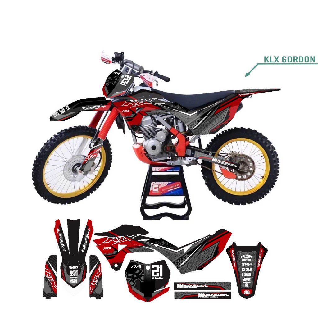 Decal Stiker KlX 150 Gordon Supermoto Dekal Sticker Striping Klx Gordon Full Body abu list merah hit