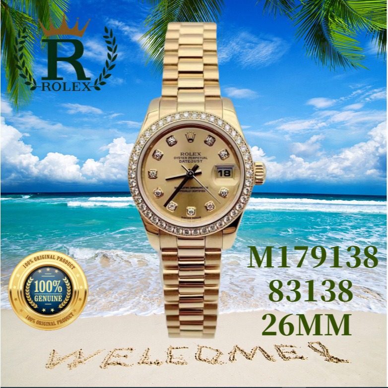 ROLEX 100%Original Jam Tangan Rolex  Wanita 179138-83138 Automatic 18K Gold Bahan Teflon 26mm Stainl