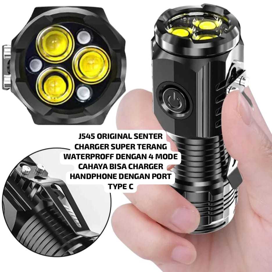 J545 ORIGINAL SENTER LED CAS TYPE C TIPE MAGNET MINI SUPER TERANG LAMPU SENTER 3LED 4 MODE MINI FLAS
