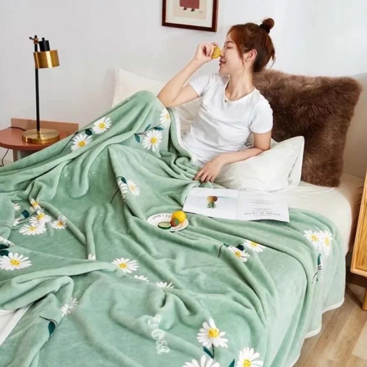 Selimut Dewasa Bulu 180x200 cm Motif Bunga Hijau