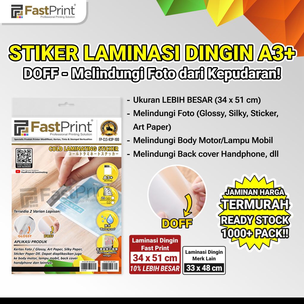 

Fast Print Stiker Plastik Laminasi Dingin A3 Plus Glossy Doff 100 Micron