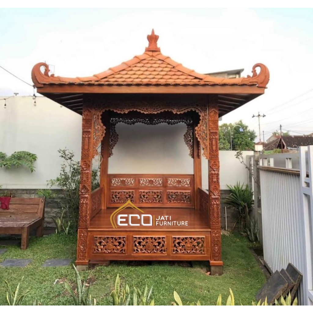GAZEBO TAMAN UKIRAN KAYU JATI ASLI JEPARA MODEL JOGLO