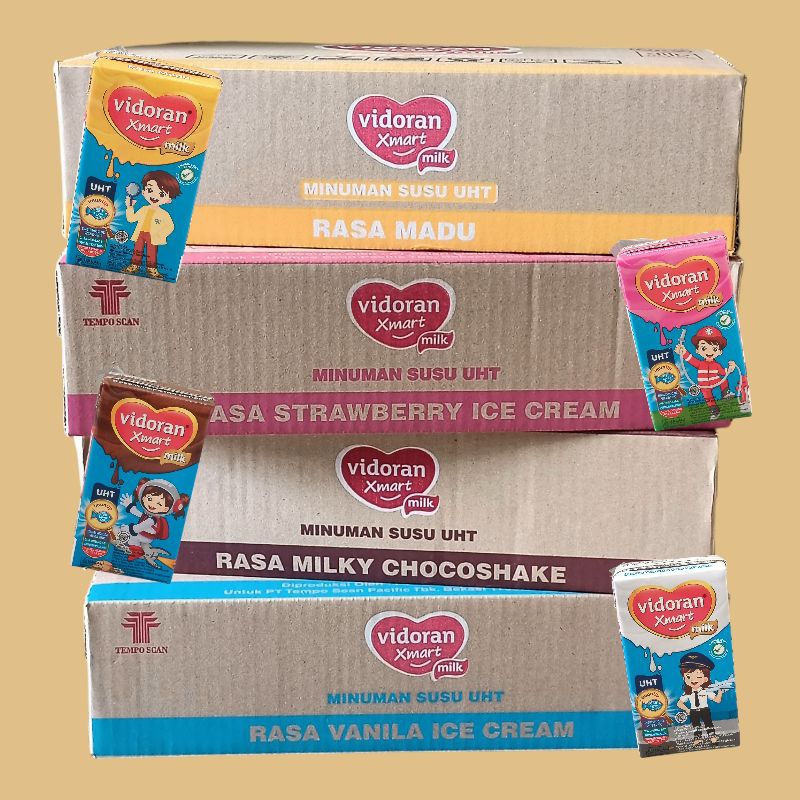 

VIDORAN XMART SUSU UHT CHOCO SHAKE, MADU, VANILA & STROBERI 110 ml (40 pcs/Karton) FREE BUBBLE WRAP