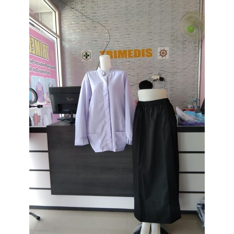 baju dinas hitam putih lengan panjang stelan rok / Baju Perawat Putih