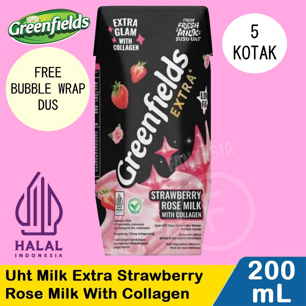 

GREENFIELDS SUSU UHT EXTRA Strawberry Rose Milk with Collagen PACK ISI 5 KOTAK FUN CORNER