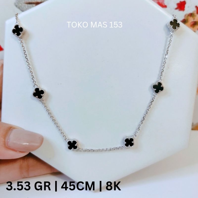 WAJIB TANYA STOK Realpict Kalung Berliontin Vancleef Hitam Emas Putih Asli Kadar 375