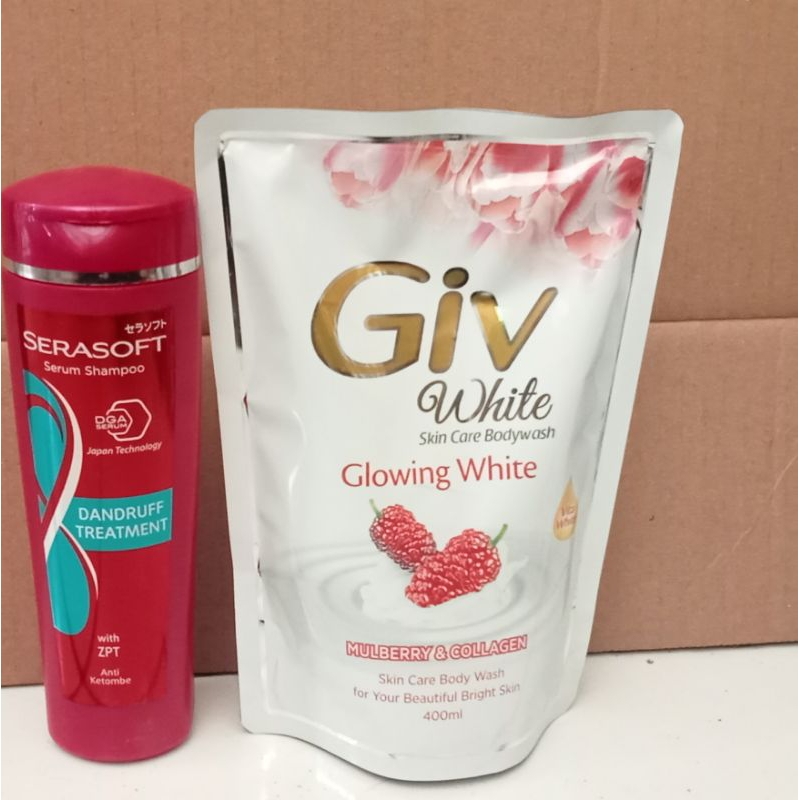 Paket Hemat Sabun Mandi Giv Cair Refiil 400ML + Serasoft Shampoo Botol 170ML