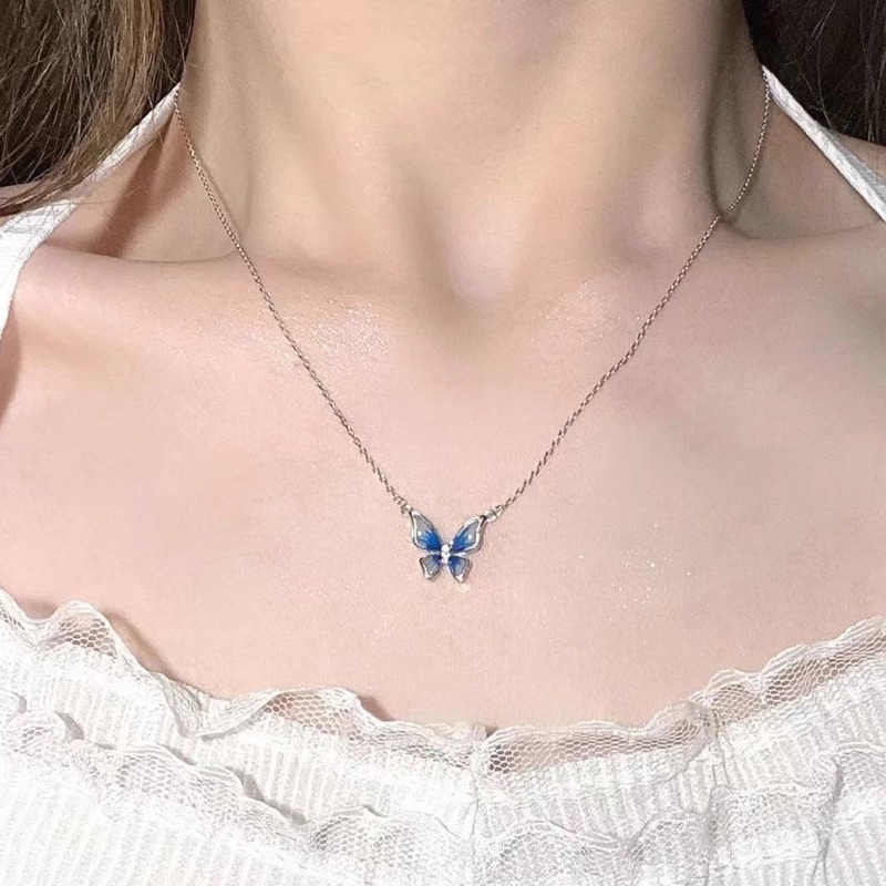 Kalung rantai liontin kupu kupu kupukupu butterfly biru pendant chain necklace murah silver perak em