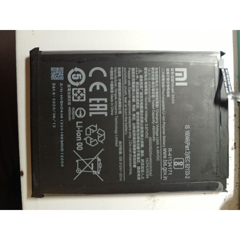 baterai redmi note 9 (bn54) ori  cabutan