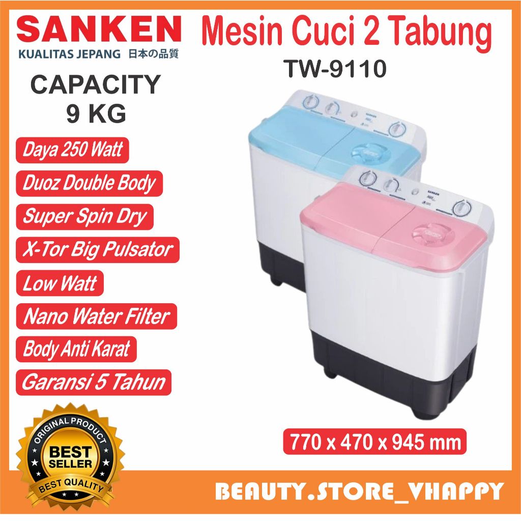 mesin cuci sanken 2 tabung 9kg tw 9110 low watt Low watt Khusus Bandung Garansi Resmi