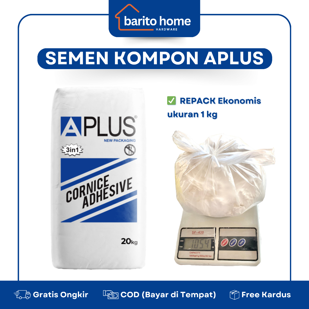 Semen Kompon Aplus Gypsum Cornice Adhesive Ecer Repack 1 Kg / Dempul Semen Compound A Plus A+ Gypsum