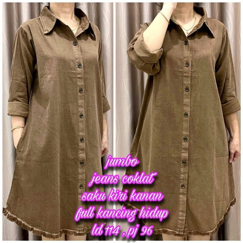 DRESS JEANS JUMBO / TUNIK JUMBO POLOS LD 114 BAHAN JEANS PREMIUM DIJAMIN TIDAK KAKU