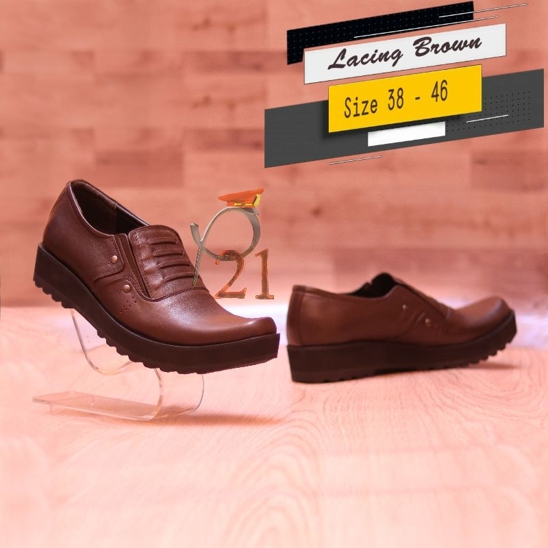 sepatu pdh pria merk p21 kulit asli model LACING BROWN