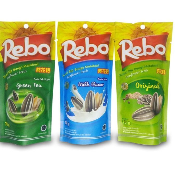 

Camilan Makanan Ringan Snack Kuaci Rebo 140 Gr Rasa Green Tea, Salted Caramel, Milk, Original