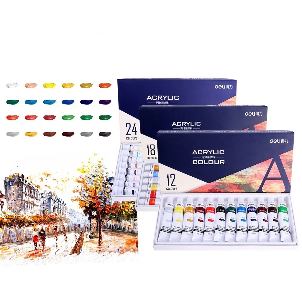 

Deli Cat Akrilik 12/18/24 Warna | Cat Melukis Acrylic | Cat Acrylic Set | 73856/73857/73858