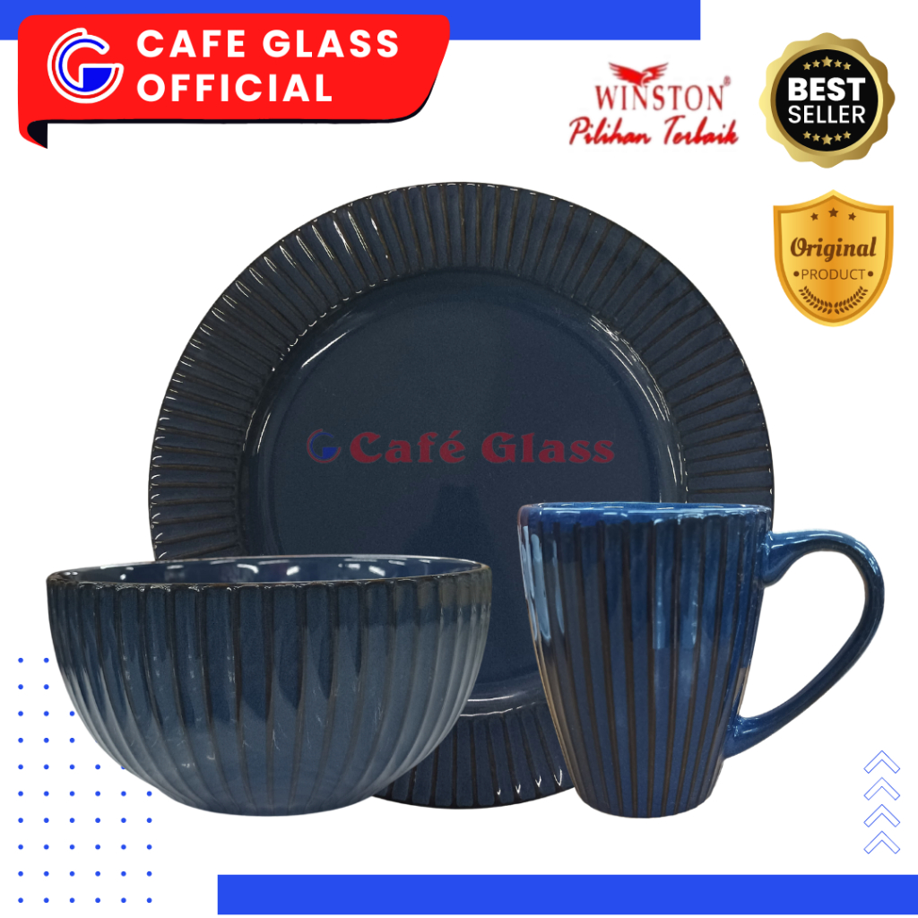 DINNER SET KERAMIK | NAVY BLUE RINGGIK GARIS CERAMIC TABLEWARE | PIRING/MANGKOK/MUG SET WINSTON