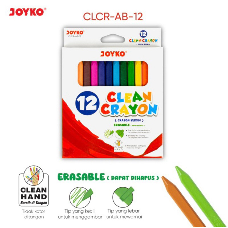 

KRAYON BISA DIHAPUS / KRAYON BERSIH JOYKO / CLEAN CRAYON ERASEABLE CLCR-AB-12 ( 1set)
