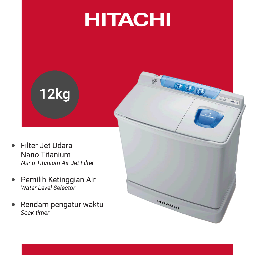 HITACHI Mesin Cuci 2 Tabung 12 Kg PS-1200KJ-B