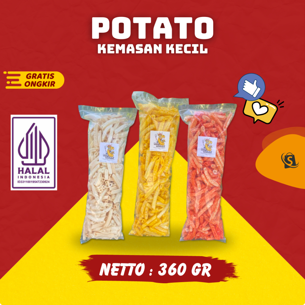 

1/2 BAL POTATO CAMILAN 360GR RASA ORIGINAL, BALADO, JAGUNG BAKAR Chips Snack Food Pedas Kering Cemilan Kentang