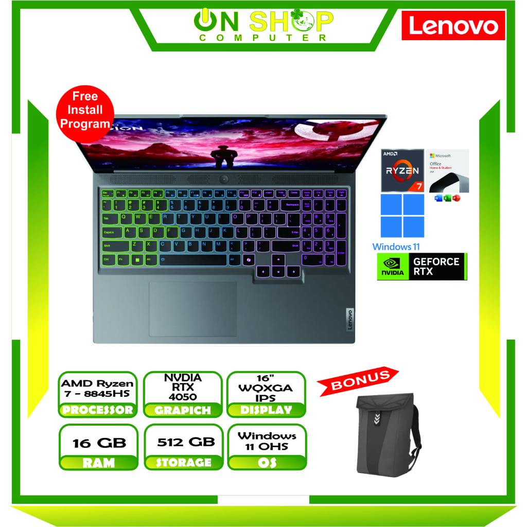 LENOVO LEGION Slim 5 16AHP9 AMD Ryzen 7 8845HS RAM 16GB 512GB RTX 4050 W11 OHS