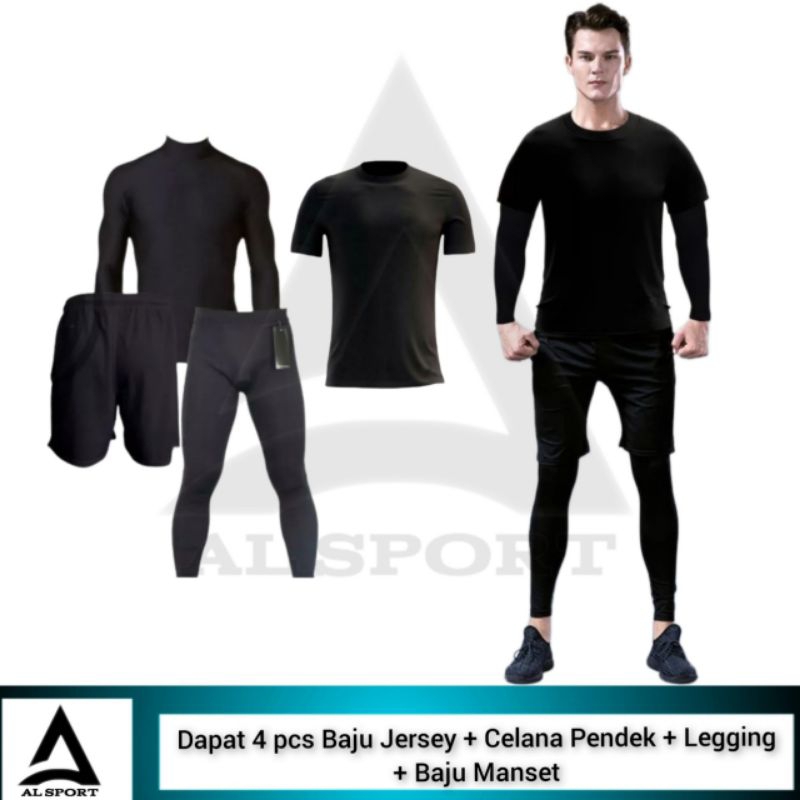 4 IN 1 Stelan Olahraga Pria Baju Jersey Celana Pendek Legging Manset