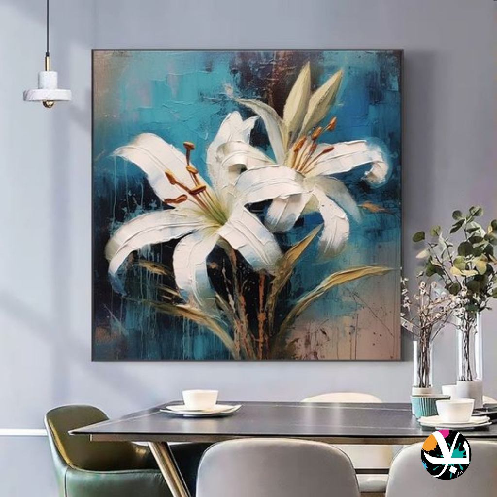 lukisan kanvas bunga terompet - lukisan kanvas bunga timbul - lukisan kanvas modern siap pajang plus