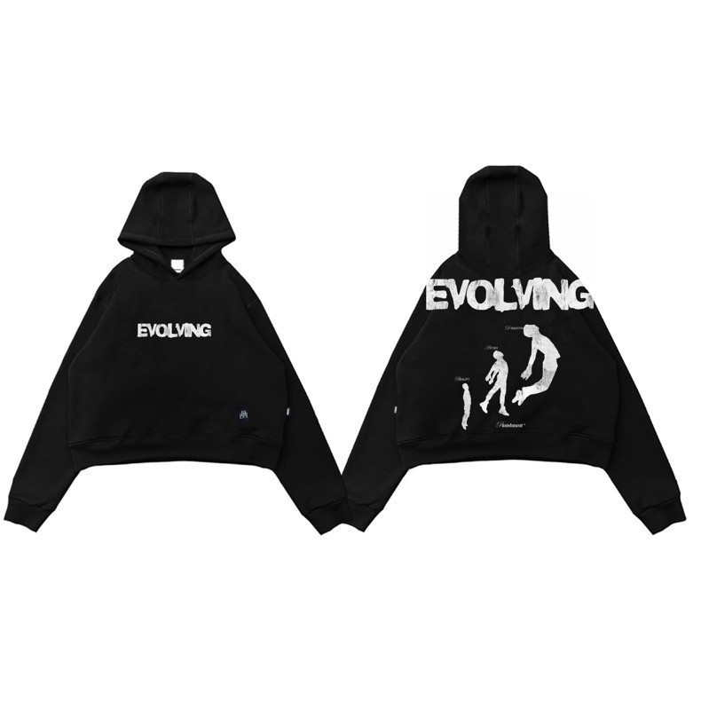 COD Hoodie Crop Pria Oversize Wanita Premium Evolving Black / Hodie Cowok Crop Keren Terlaris