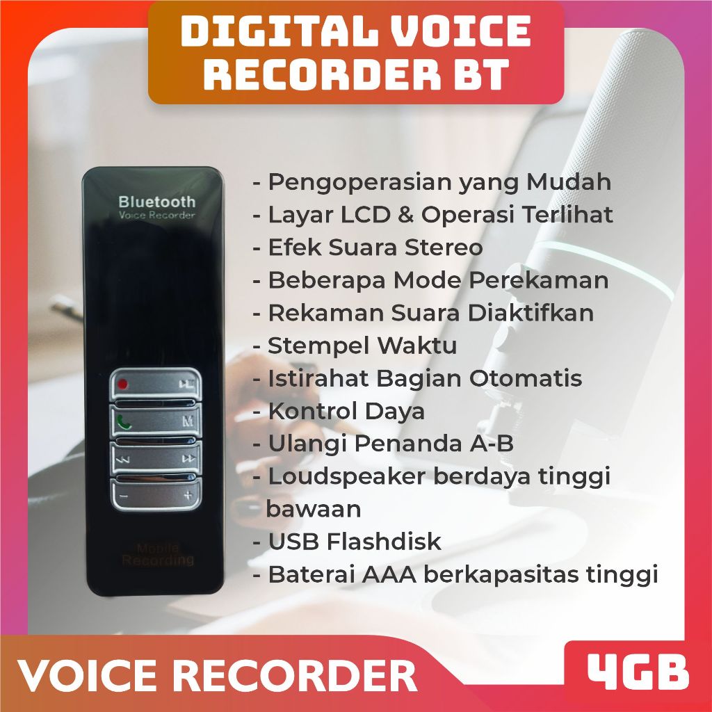 Digital Voice Recorder 4GB / Alat perekam suara / bluetooth