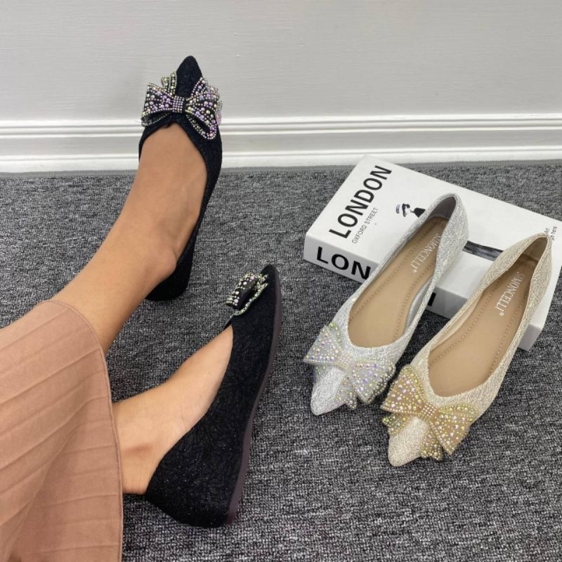 Simoncelli Sepatu Flat Wanita Pita | Flatshoes Kerja | Flat Kondangan | Sepatu Hitam Import XT21-3