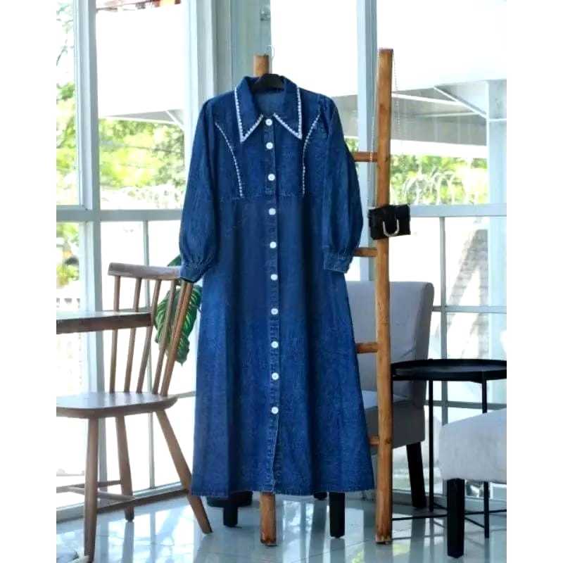 DISKON ATASAN LONG TUNIK JEANS MODEL TERBARU VARIASI RENDA MEWAH SIMPLE FORMAL NYAMAN MIDI DRESS