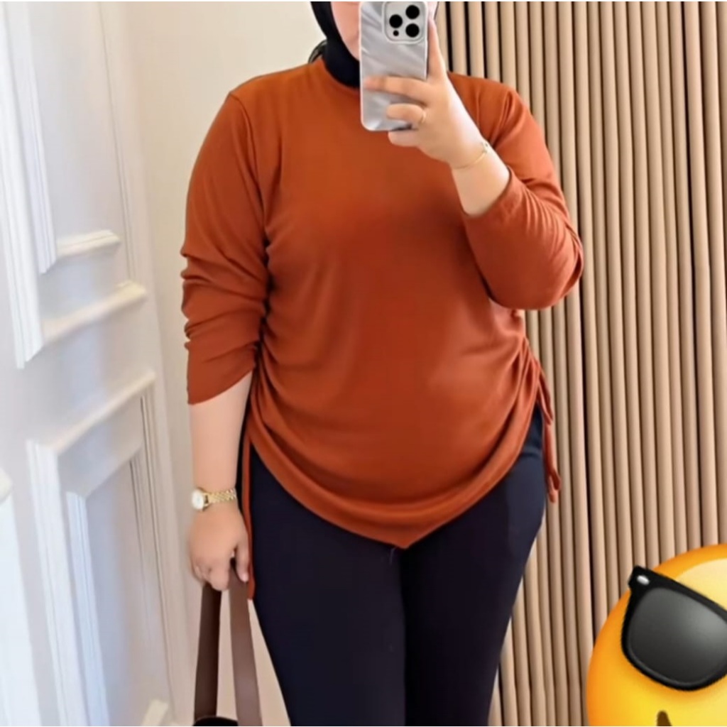 TOP BLOUSE JUMBO SERUT SAMPING KIRI & KANAN ATASAN KNIT TALI SERUT LENGAN PANJANG MODEL KOREA
